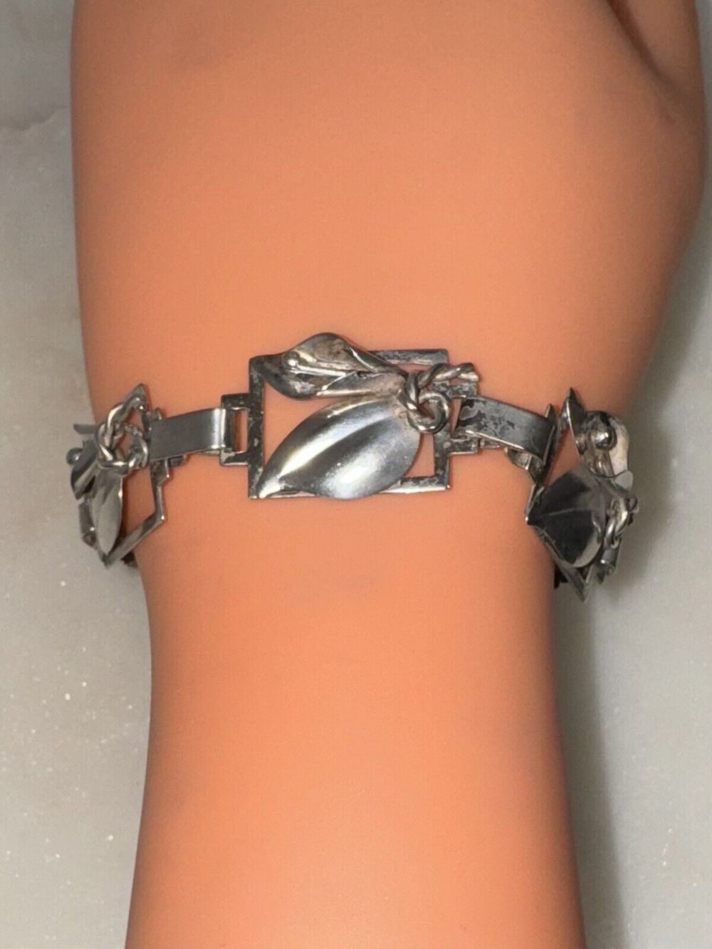 Antique Arts & Crafts Era Sterling Silver 925 Oak Leaf Link Panel Bracelet
